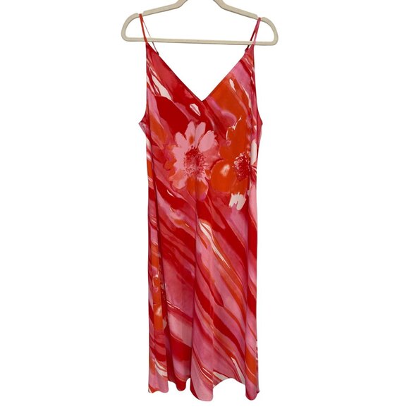 Natori Floral Slip Dress Size Large Sleeveless V Neck Watercolor Midi Red Pink - Picture 1 of 6